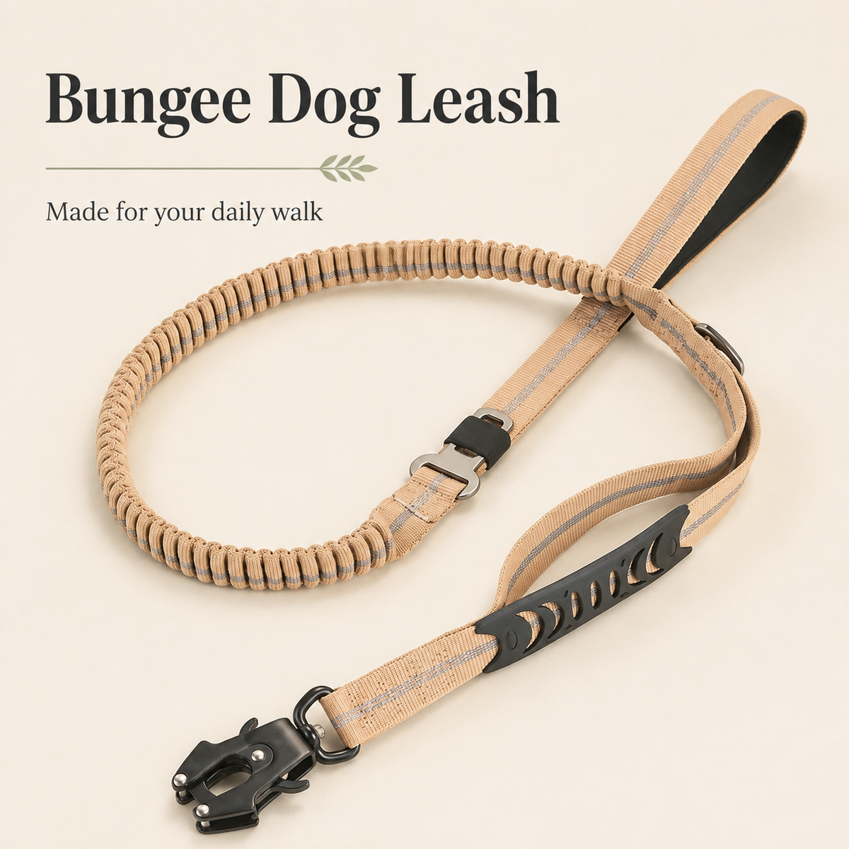 Khaki regular-clip bungee leash overview