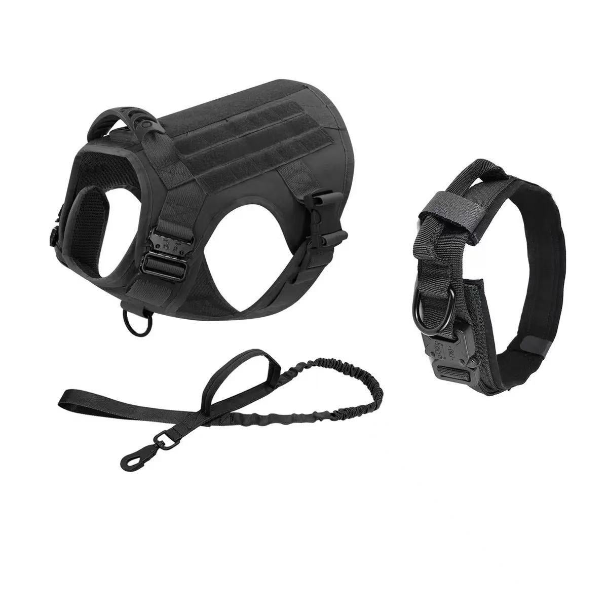 Tactical harness, collar and bungee leash set — black
