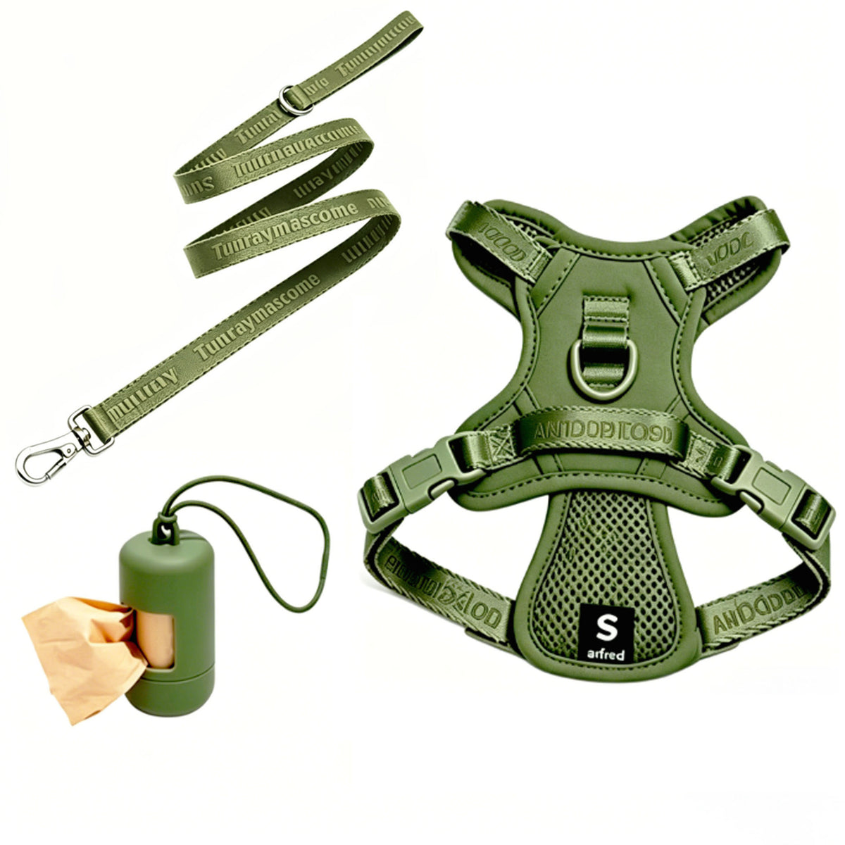 Army Green mesh vest harness with matching leash and waste-bag dispenser; sample size shown [PZ-1058802000153-army-green]