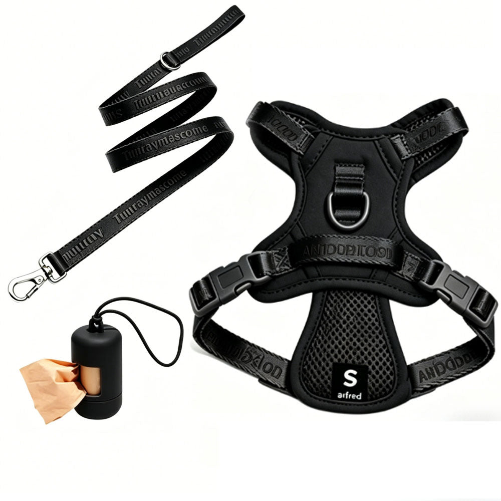 Black mesh vest harness with matching leash and waste-bag dispenser; sample size shown [PZ-1058802000153-black]