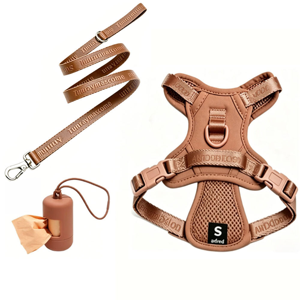 Coffee Brown mesh vest harness with matching leash and waste-bag dispenser; sample size shown [PZ-1058802000153-coffee-brown]