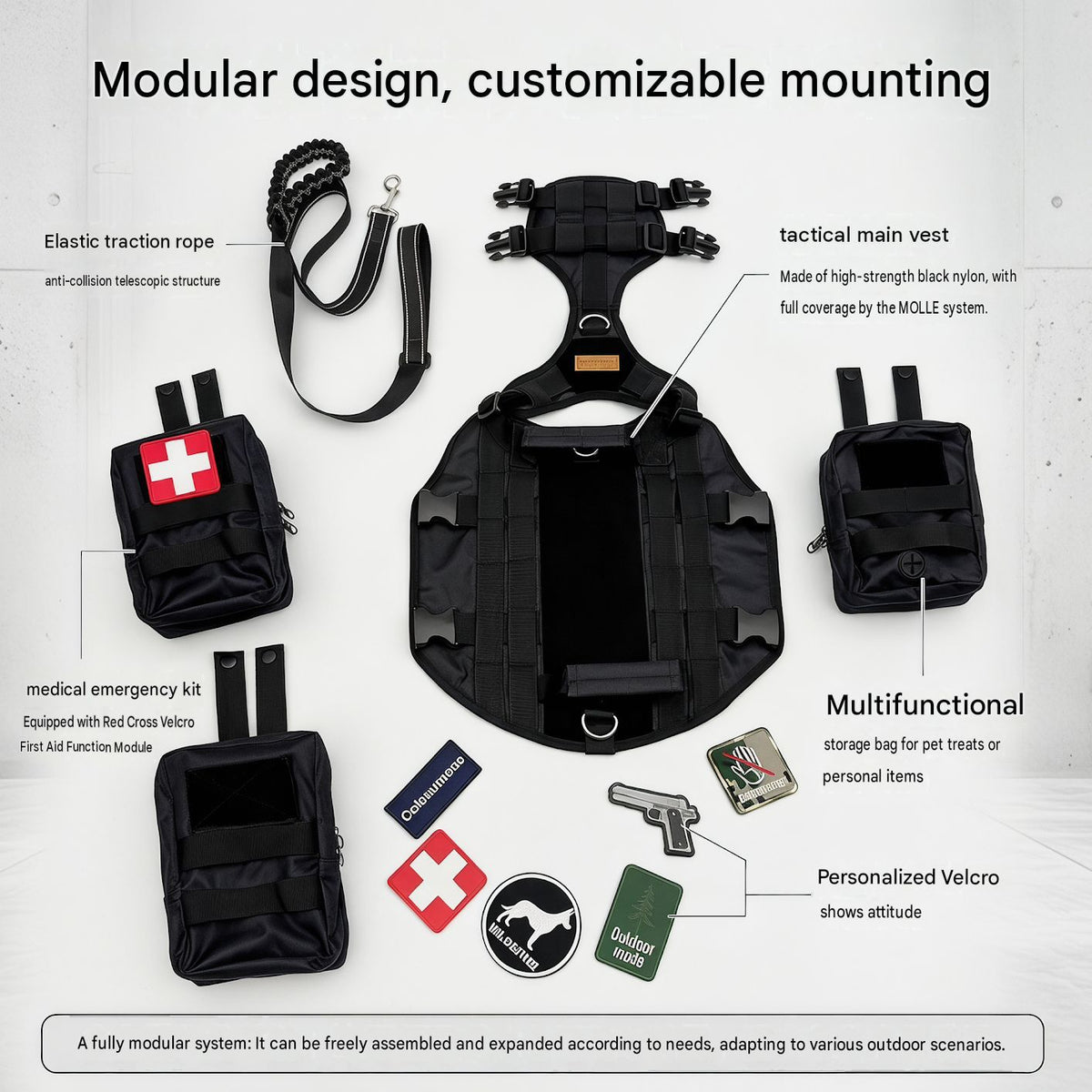Harness, leash, pouches and removable patch component layout [PZ-1081429020565-components]