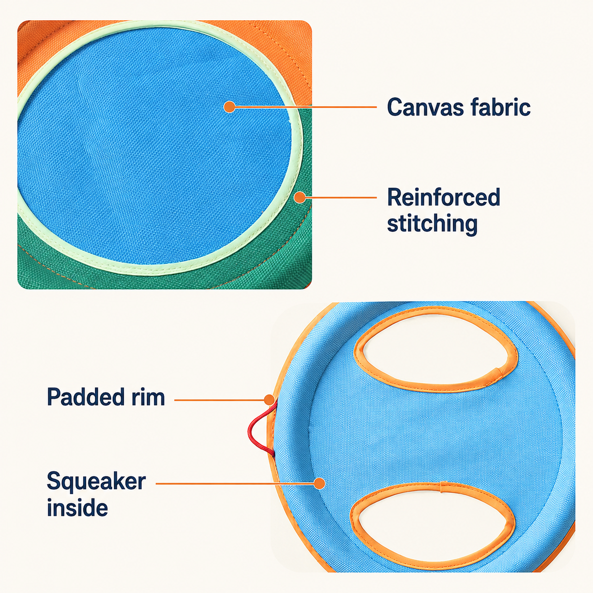Canvas Squeaky Dog Flying Disc — fabric and construction details [PZ-611847636840-construction]