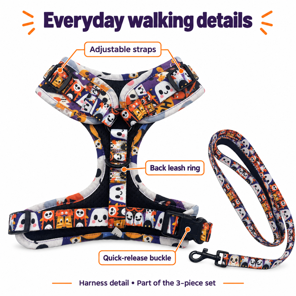 Back view of Halloween harness showing adjustable straps back leash ring and quick-release buckle [PZ-998206163521-details]