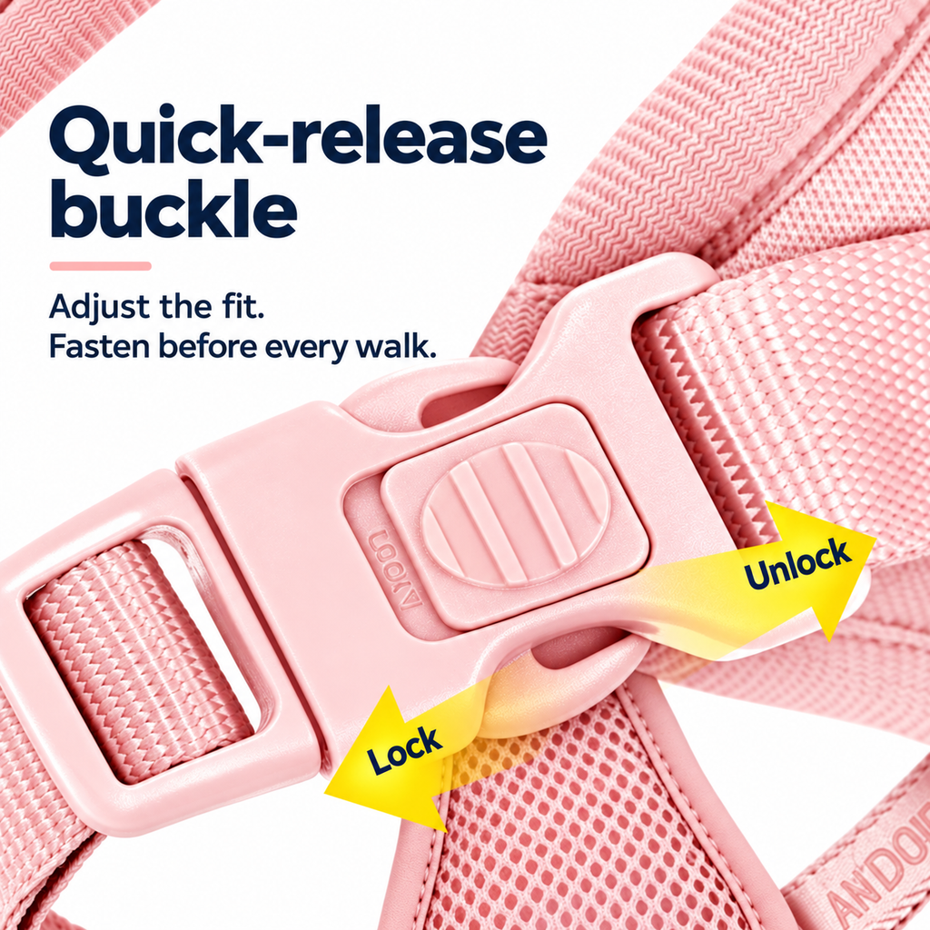 Pink harness locking buckle detail with English lock and unlock labels [PZ-1058802000153-details]