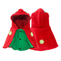 Front and back views of one red Christmas cape with green snap front and snowflake embroidery [PZ-626585123951-front-back]