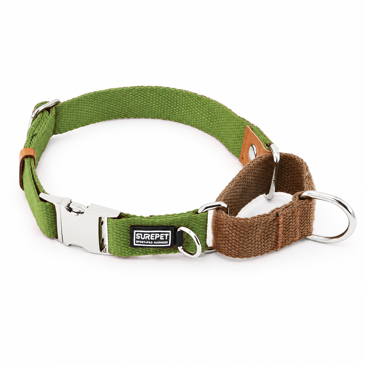 Green / Brown martingale dog collar with silver metal buckle [PZ-1065899617360-green]