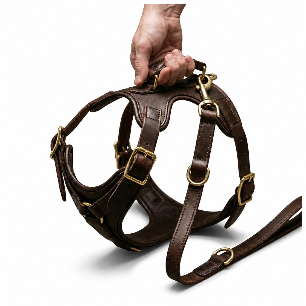 Brown leather dog harness and matching leash set on white [PZ-1056134506068-hero]