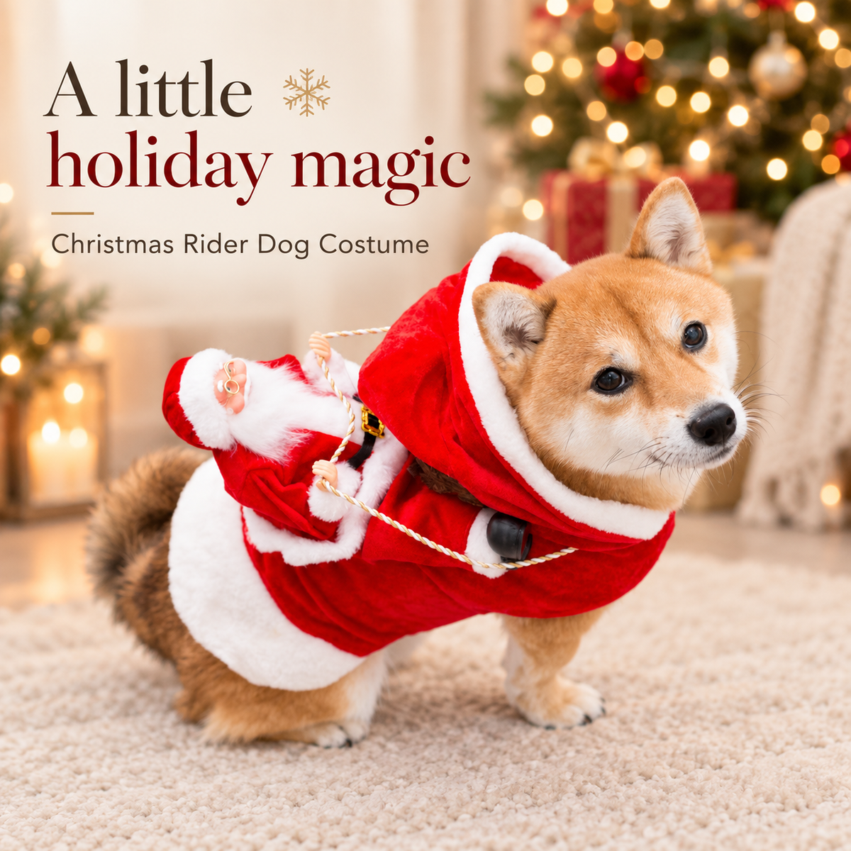 Dog wearing classic Santa rider Christmas costume in a styled holiday scene [PZ-597730251098-hero]