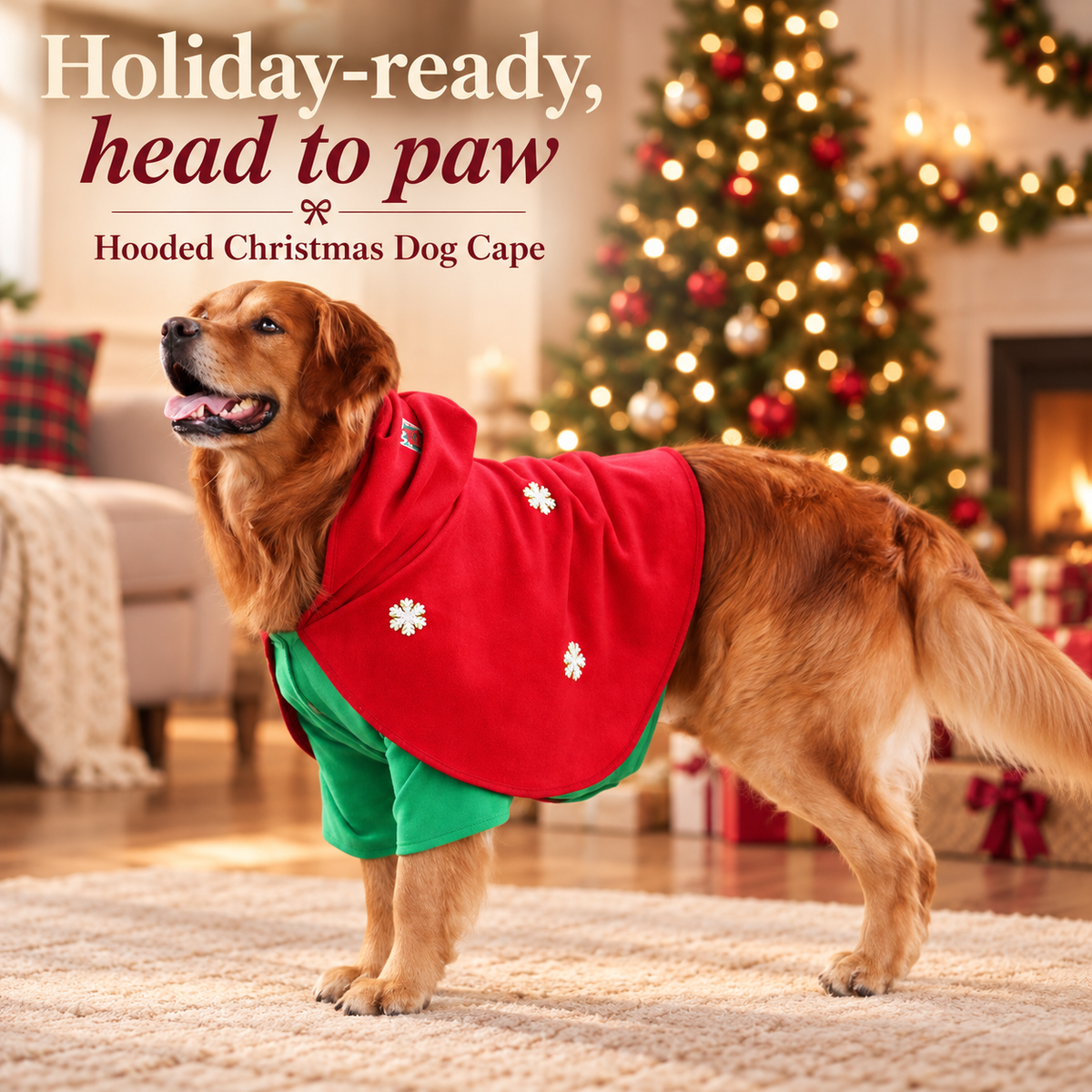 Golden retriever wearing red and green hooded Christmas cape in a styled holiday scene [PZ-626585123951-hero]