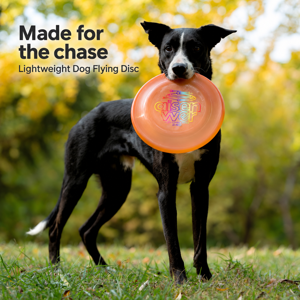 Dog holding a translucent orange flying disc outdoors [PZ-977959949813-hero]