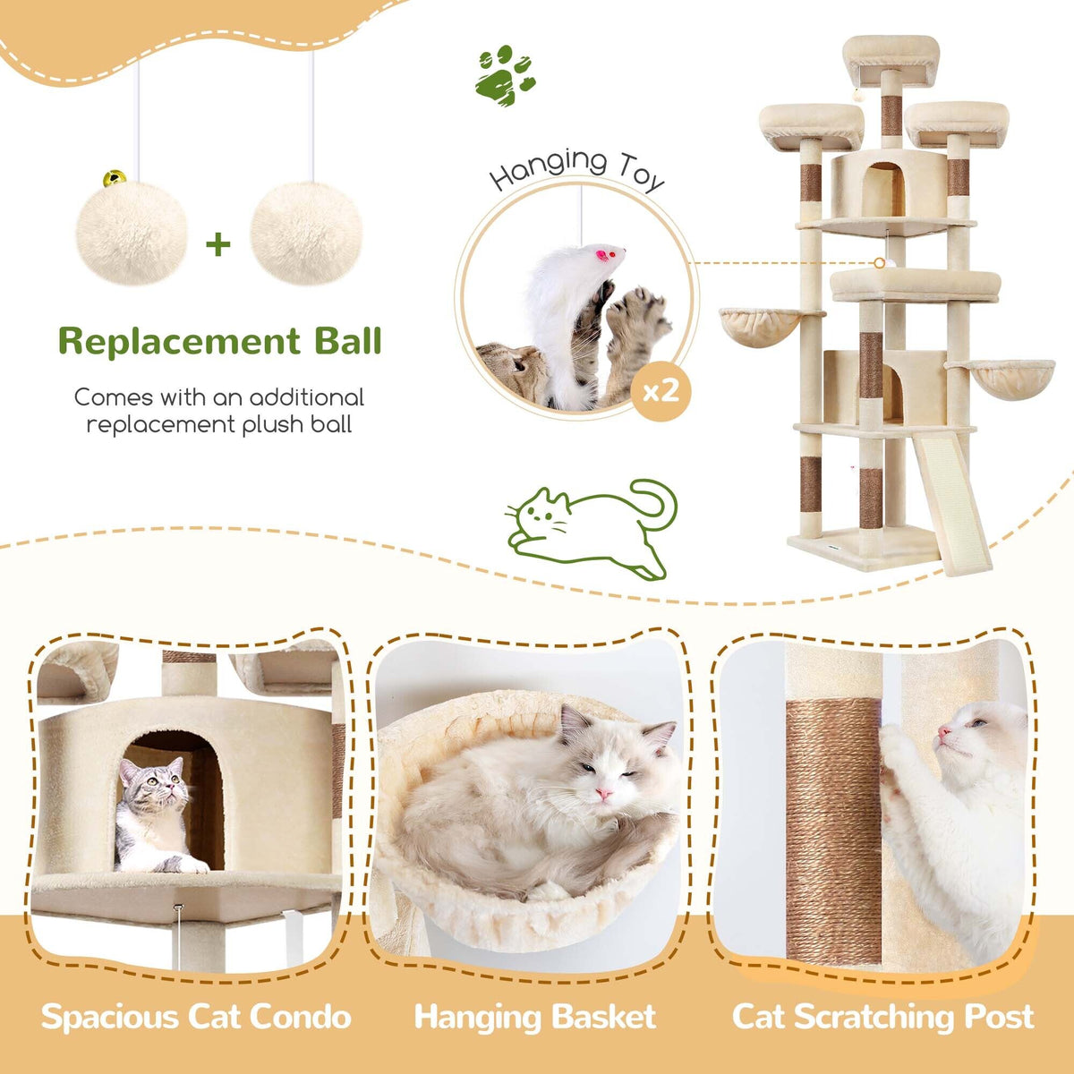 Globlazer F80H Multi-Level Cat Tree — Beige, 80 in — product detail image 5 [PZ-globlazer-f80h-bg-gallery-06]