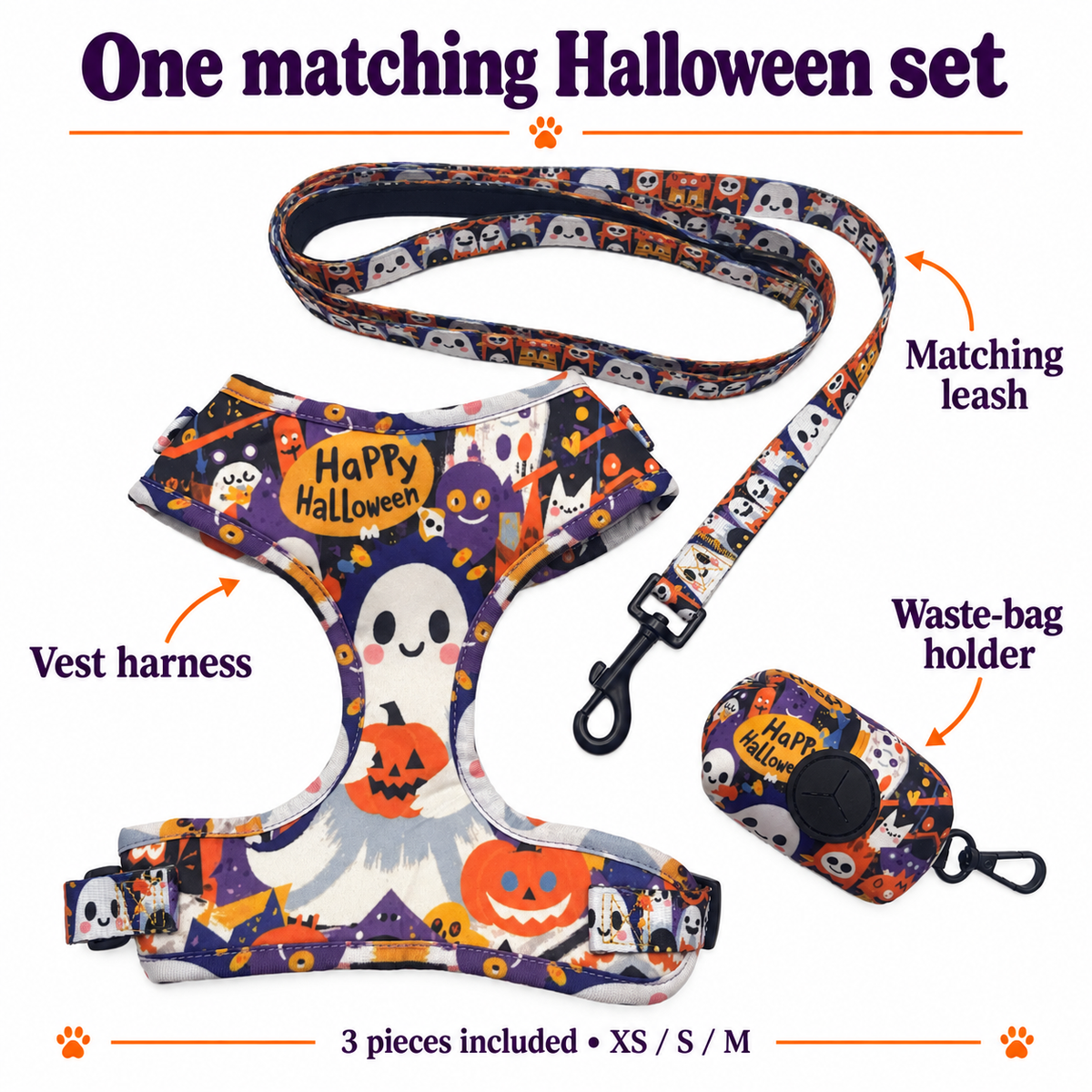 Three included items labeled: vest harness matching leash and waste-bag holder; sizes XS S M [PZ-998206163521-included]
