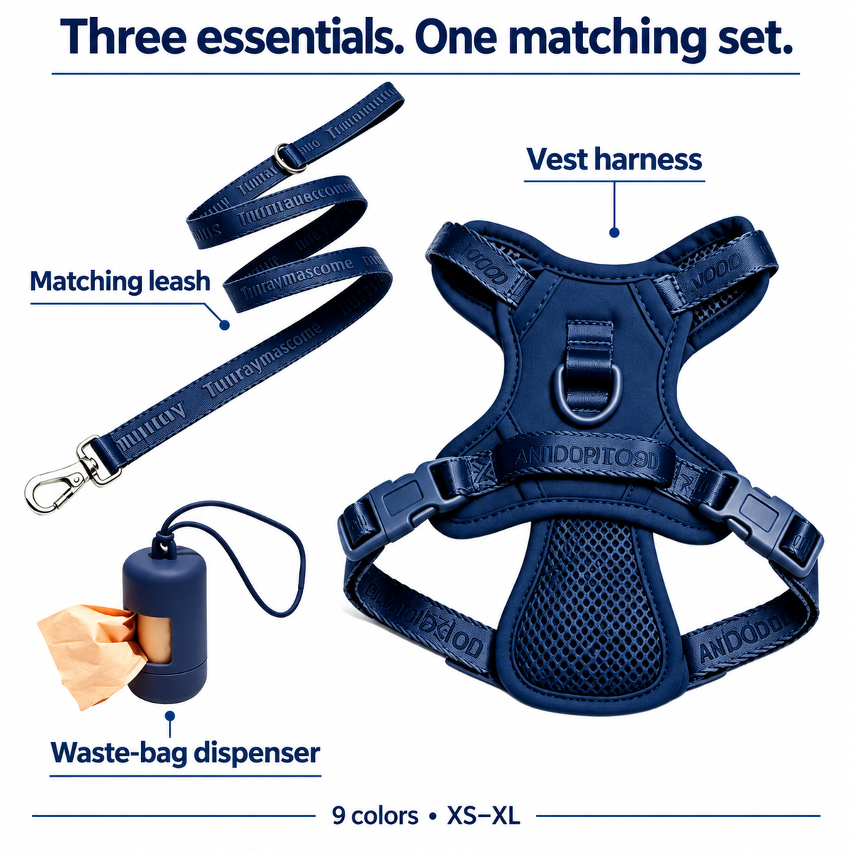 Three matching pieces: mesh vest harness leash and waste-bag dispenser; nine colors and XS to XL [PZ-1058802000153-included]