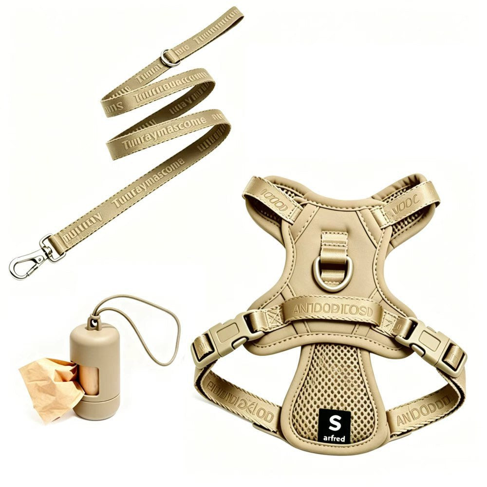 Khaki mesh vest harness with matching leash and waste-bag dispenser; sample size shown [PZ-1058802000153-khaki]