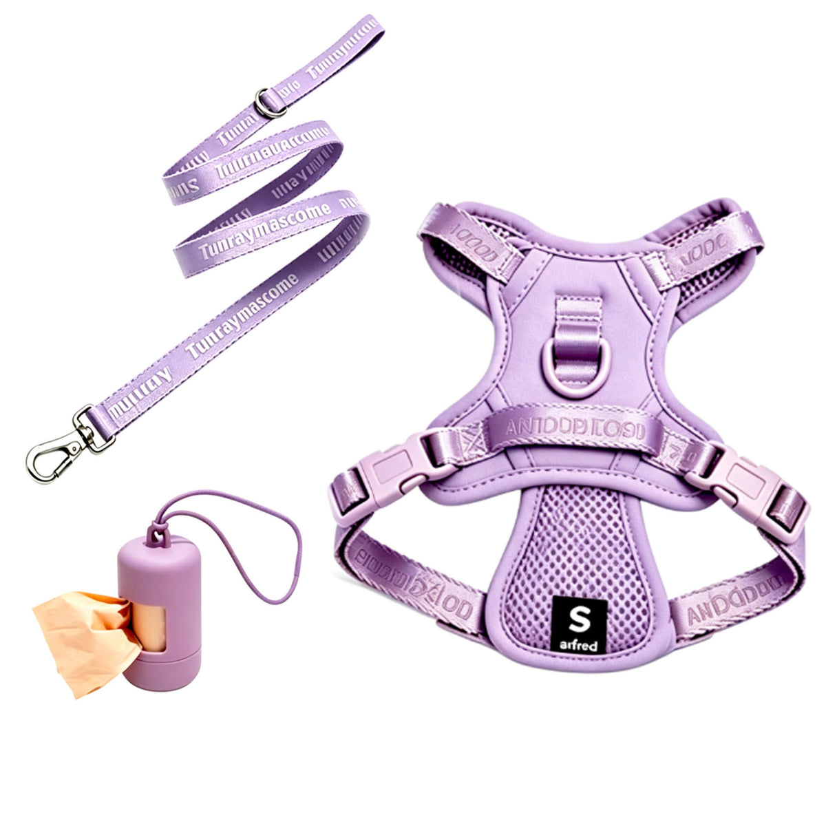 Lavender mesh vest harness with matching leash and waste-bag dispenser; sample size shown [PZ-1058802000153-lavender]