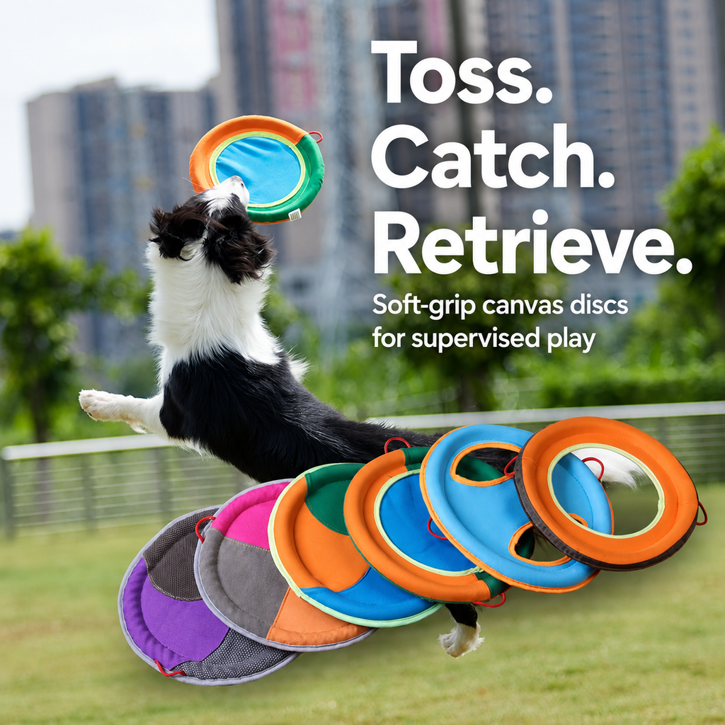 Canvas Squeaky Dog Flying Disc — supervised toss, catch and retrieve play [PZ-611847636840-lifestyle]