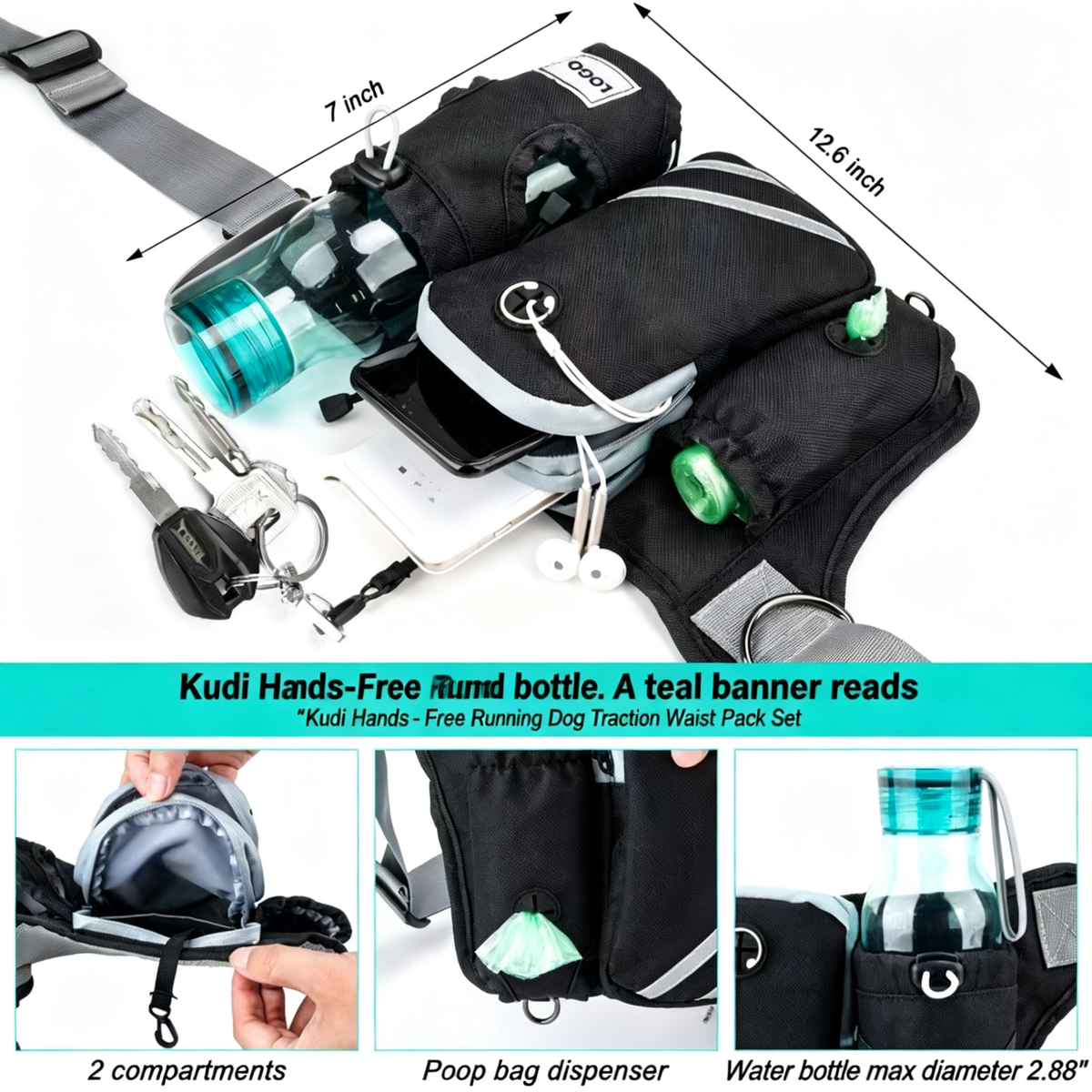 Kudi Hands-Free Running Dog Traction Leash Waist Pack Set - product image 4 [PZ-1052734539082-localized-4]