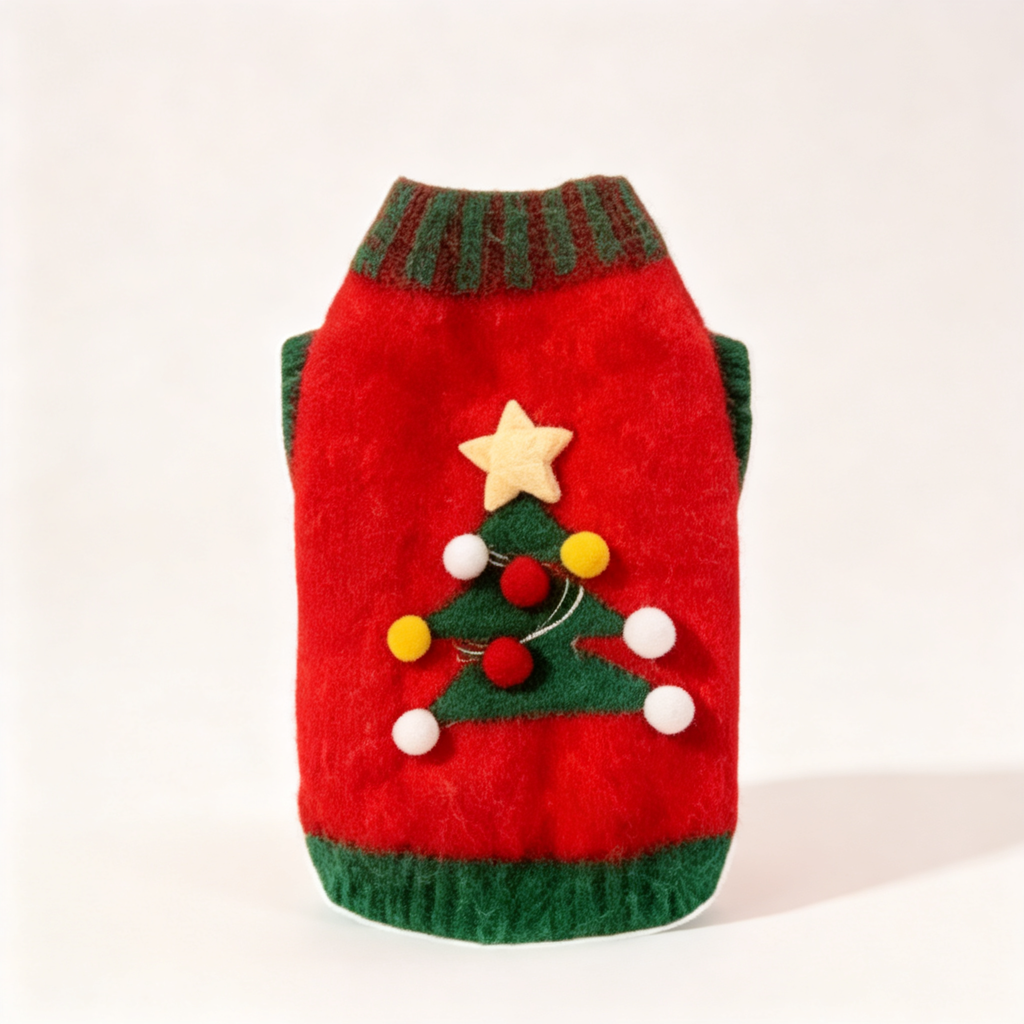 Red Christmas Tree Knit Dog Sweater with Pompom and Star Details - product image 1 [PZ-1002464461510-localized-1]