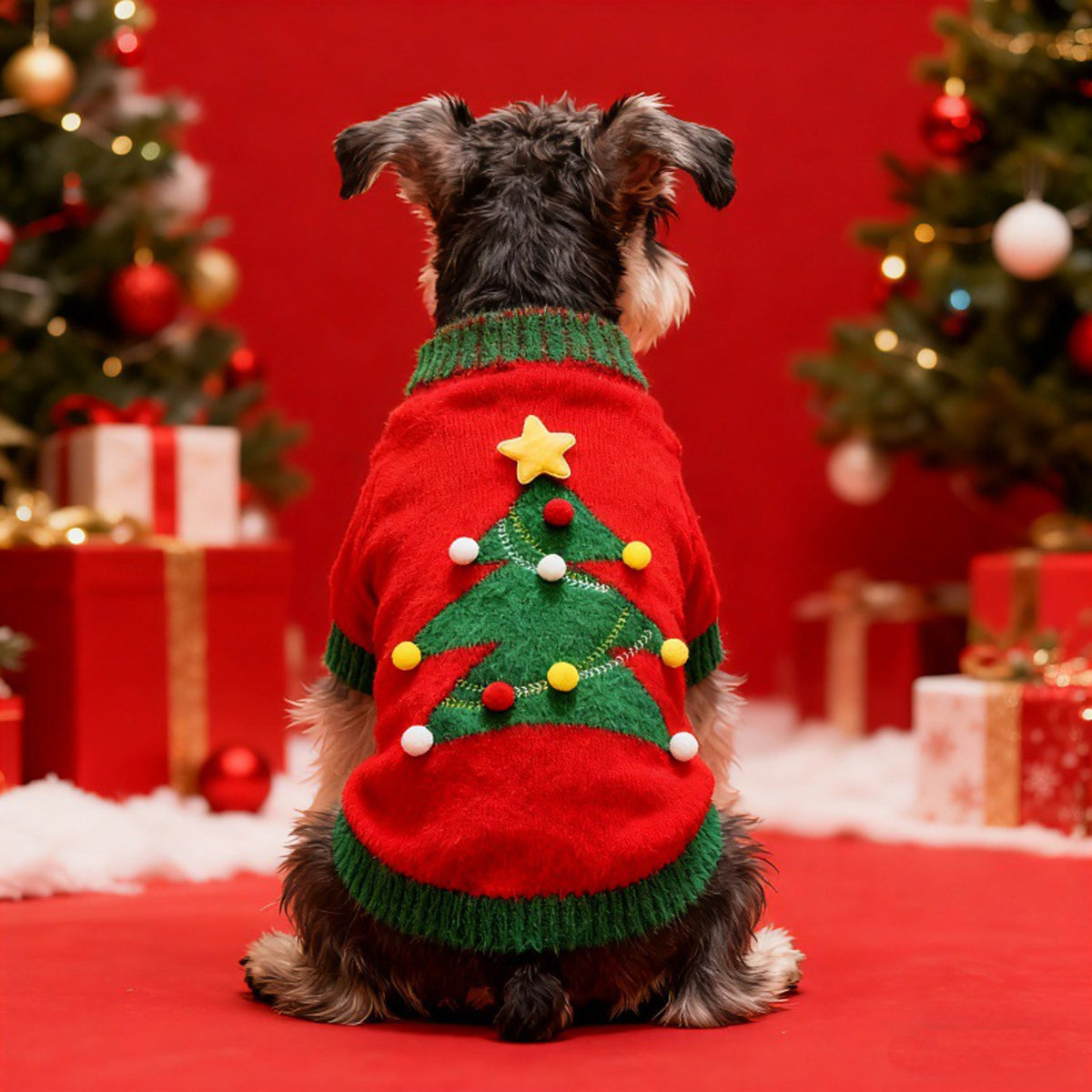 Red Christmas Tree Knit Dog Sweater with Pompom and Star Details - product image 2 [PZ-1002464461510-localized-2]