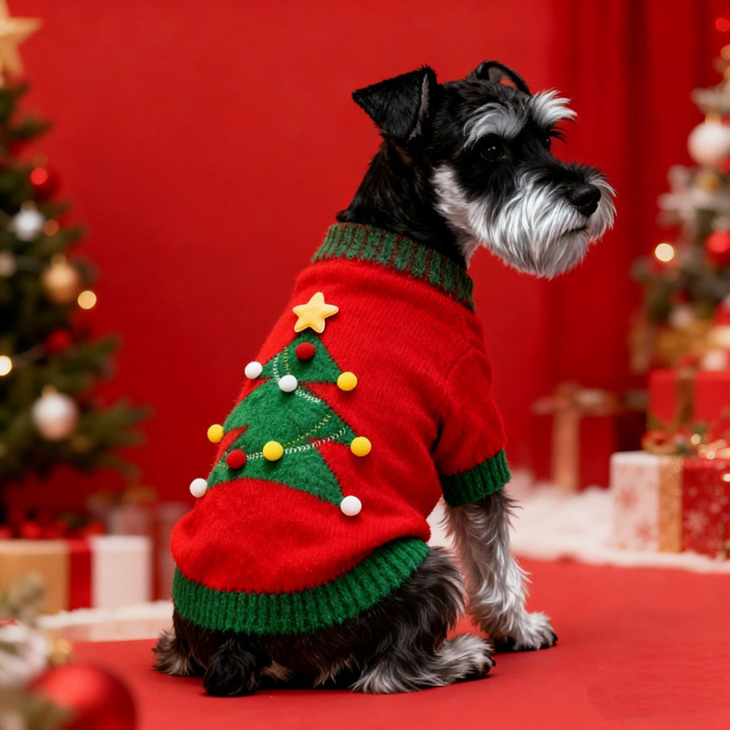 Red Christmas Tree Knit Dog Sweater with Pompom and Star Details - product image 3 [PZ-1002464461510-localized-3]