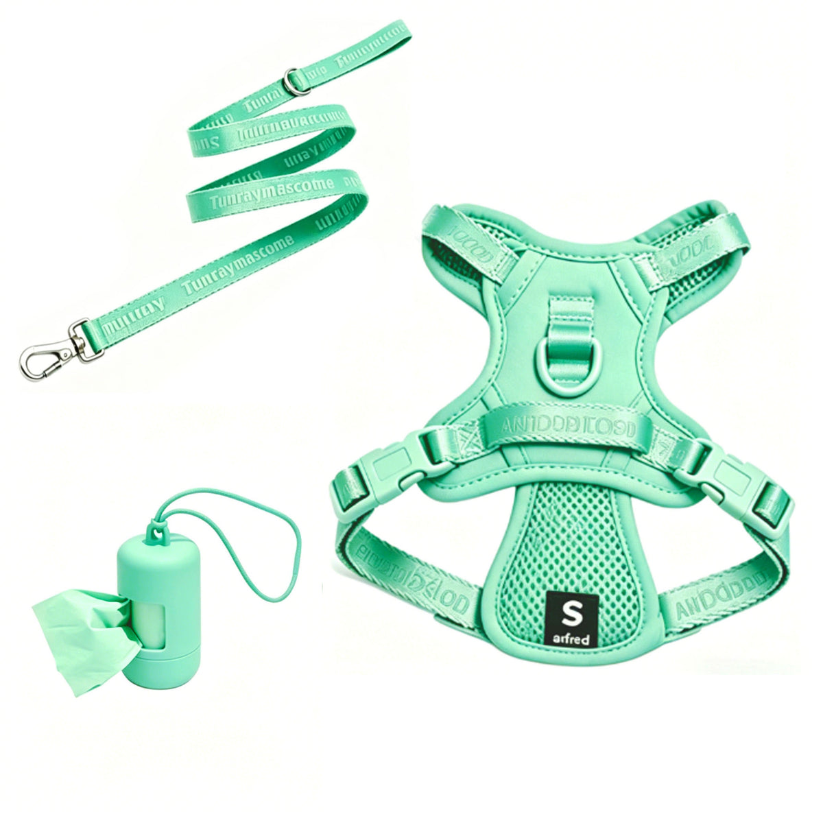 Mint Green mesh vest harness with matching leash and waste-bag dispenser; sample size shown [PZ-1058802000153-mint-green]