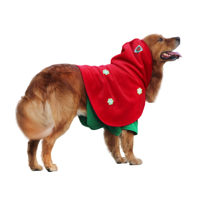 Supplier view of red hooded Christmas cape worn by a golden retriever [PZ-626585123951-on-dog]
