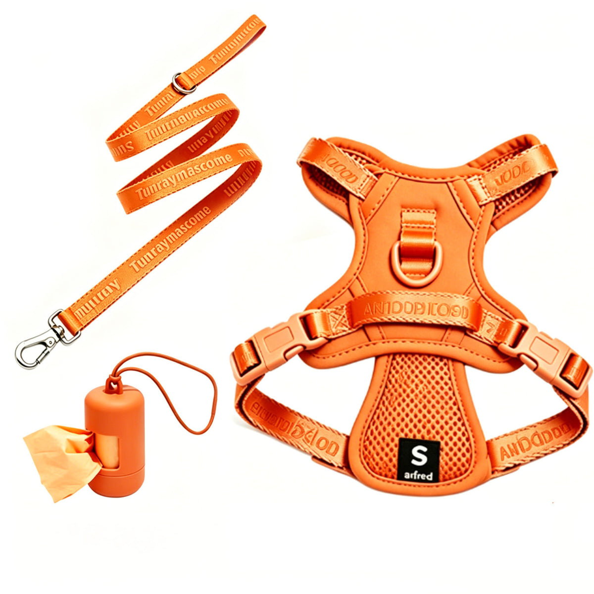 Orange mesh vest harness with matching leash and waste-bag dispenser; sample size shown [PZ-1058802000153-orange]