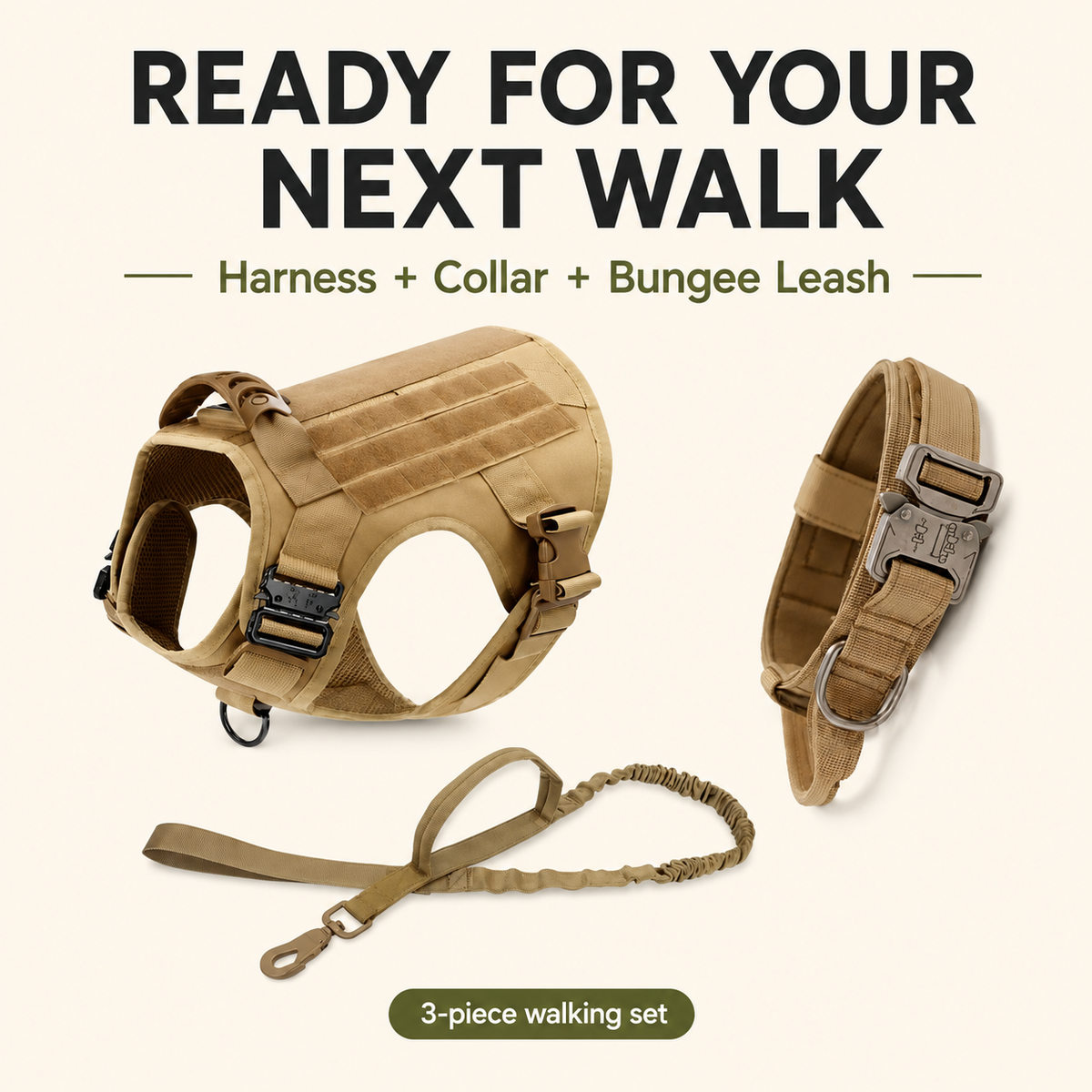 Tactical harness, collar and bungee leash set — overview [PZ-1059684274128-overview]