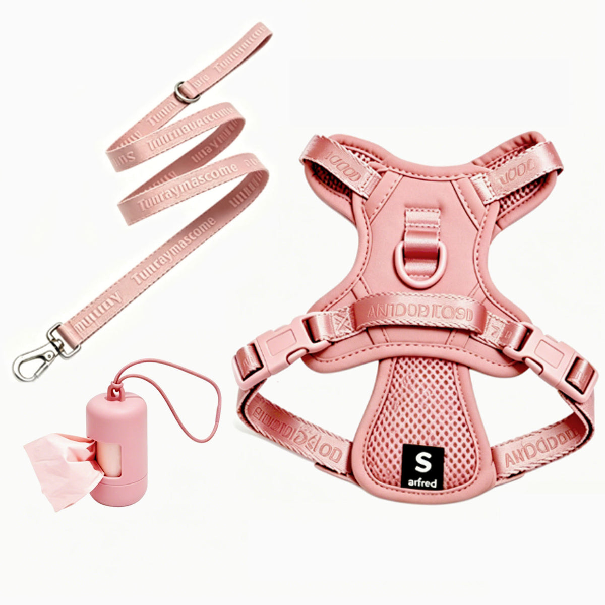 Cherry Blossom Pink mesh vest harness with matching leash and waste-bag dispenser; sample size shown [PZ-1058802000153-pink]