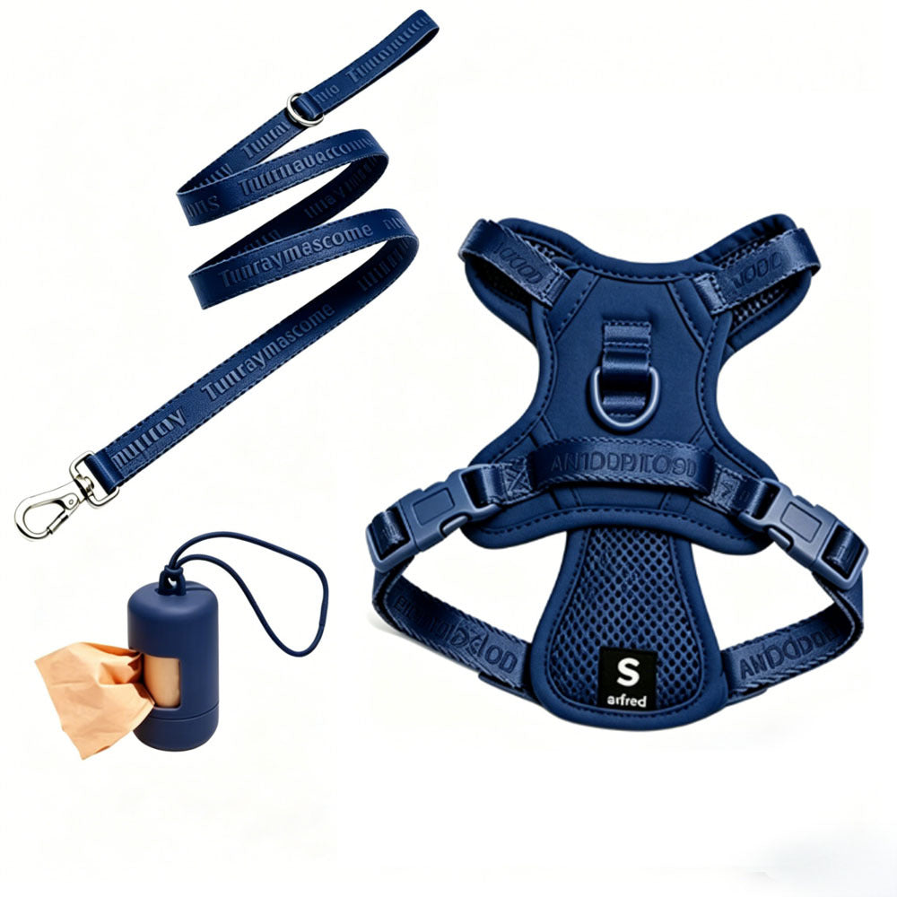 Royal Blue mesh vest harness with matching leash and waste-bag dispenser; sample size shown [PZ-1058802000153-royal-blue]