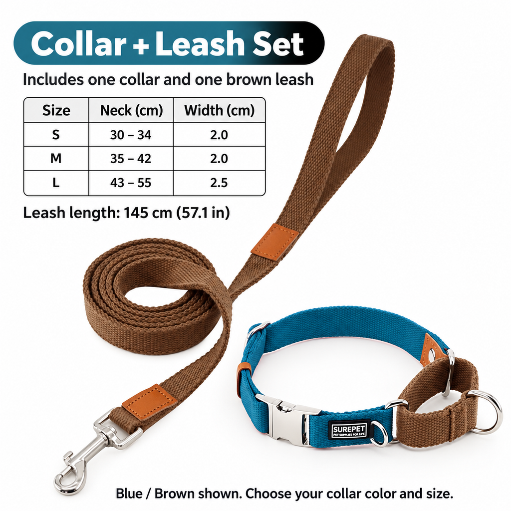 Collar and 145 cm brown leash set with S M L size chart; Blue / Brown shown [PZ-1065899617360-set-guide]