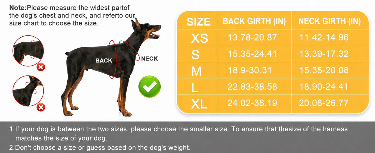 Four-Piece Tactical Dog Harness Set size chart in inches [PZ-1047704330660-size-chart-in-v3]