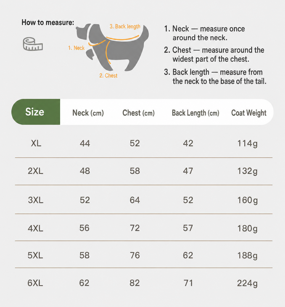 XL to 6XL dog winter coat measurement and size guide [PZ-979376684652-size-guide]