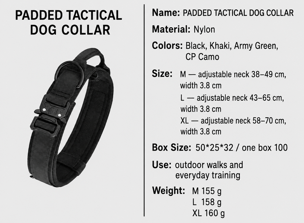 Padded tactical dog collar size and specification guide [PZ-1059869405213-size-guide]