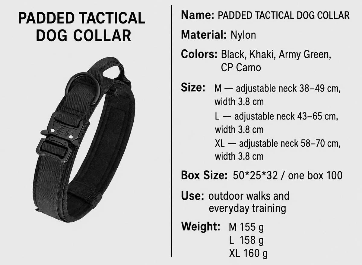 Padded tactical dog collar size and specification guide [PZ-1059869405213-size-guide]