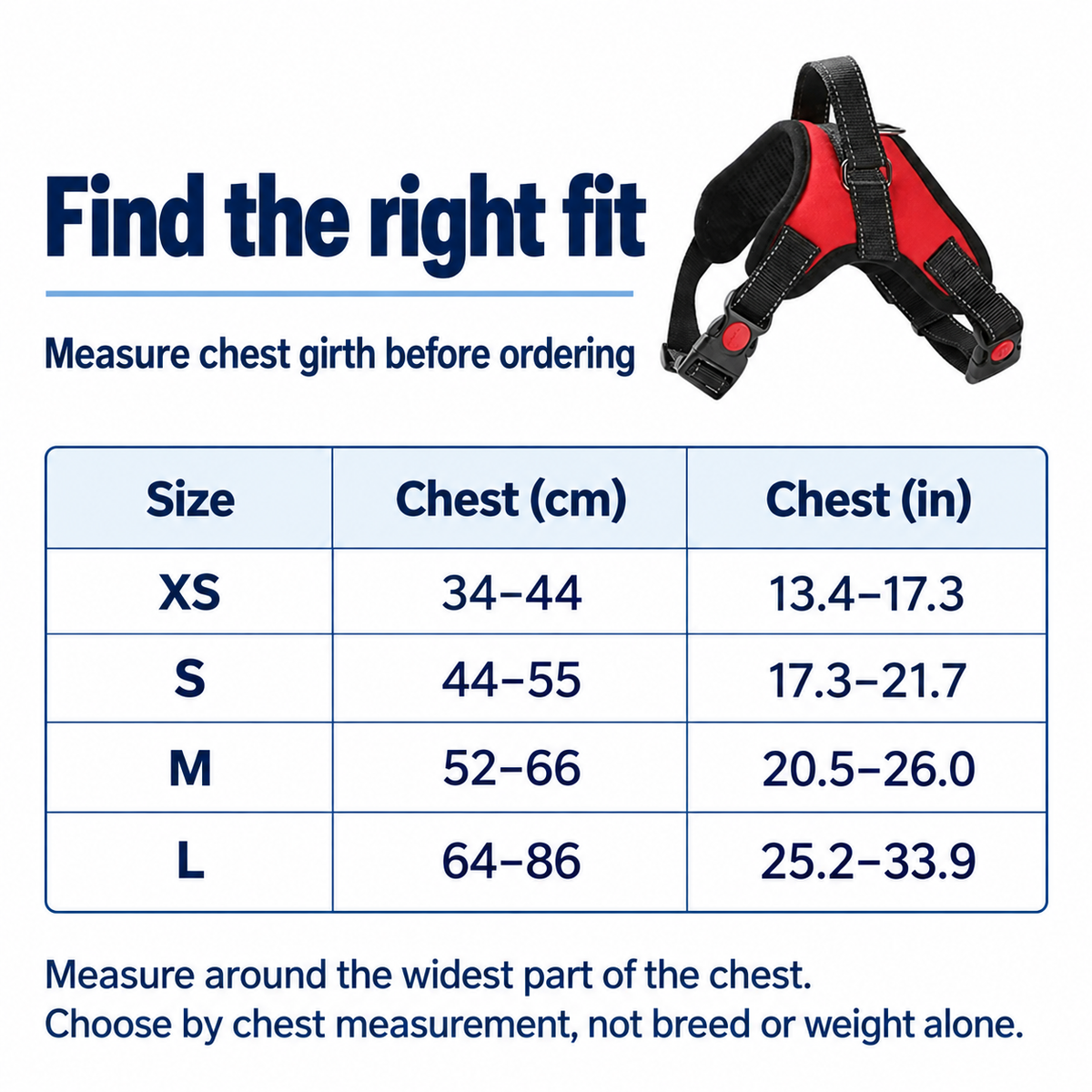 Dog harness chest measurement chart in centimeters and inches for XS S M and L [PZ-1062162838955-size-guide]