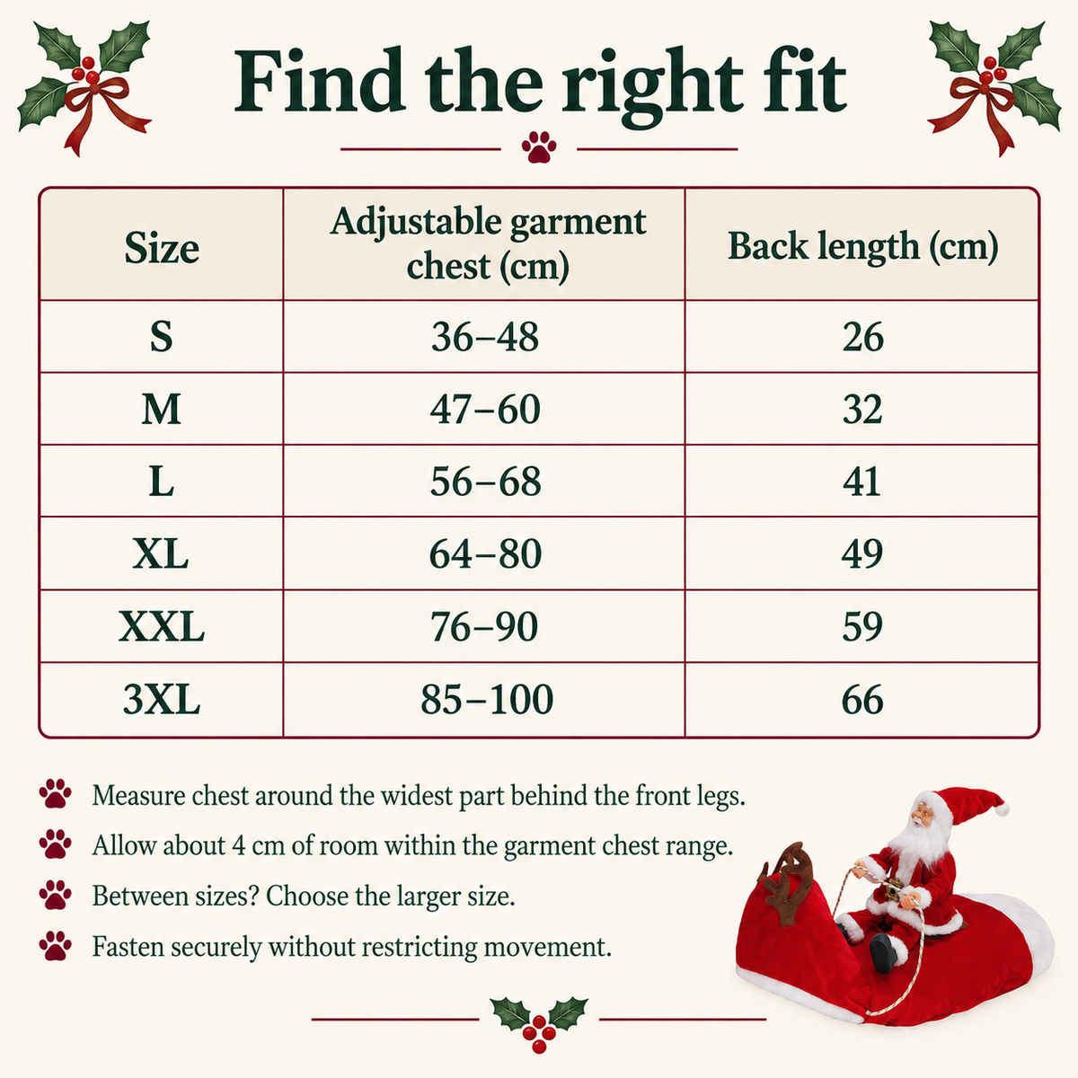 Christmas dog costume size chart S to 3XL with adjustable garment chest and back length in centimeters [PZ-597730251098-size-guide]