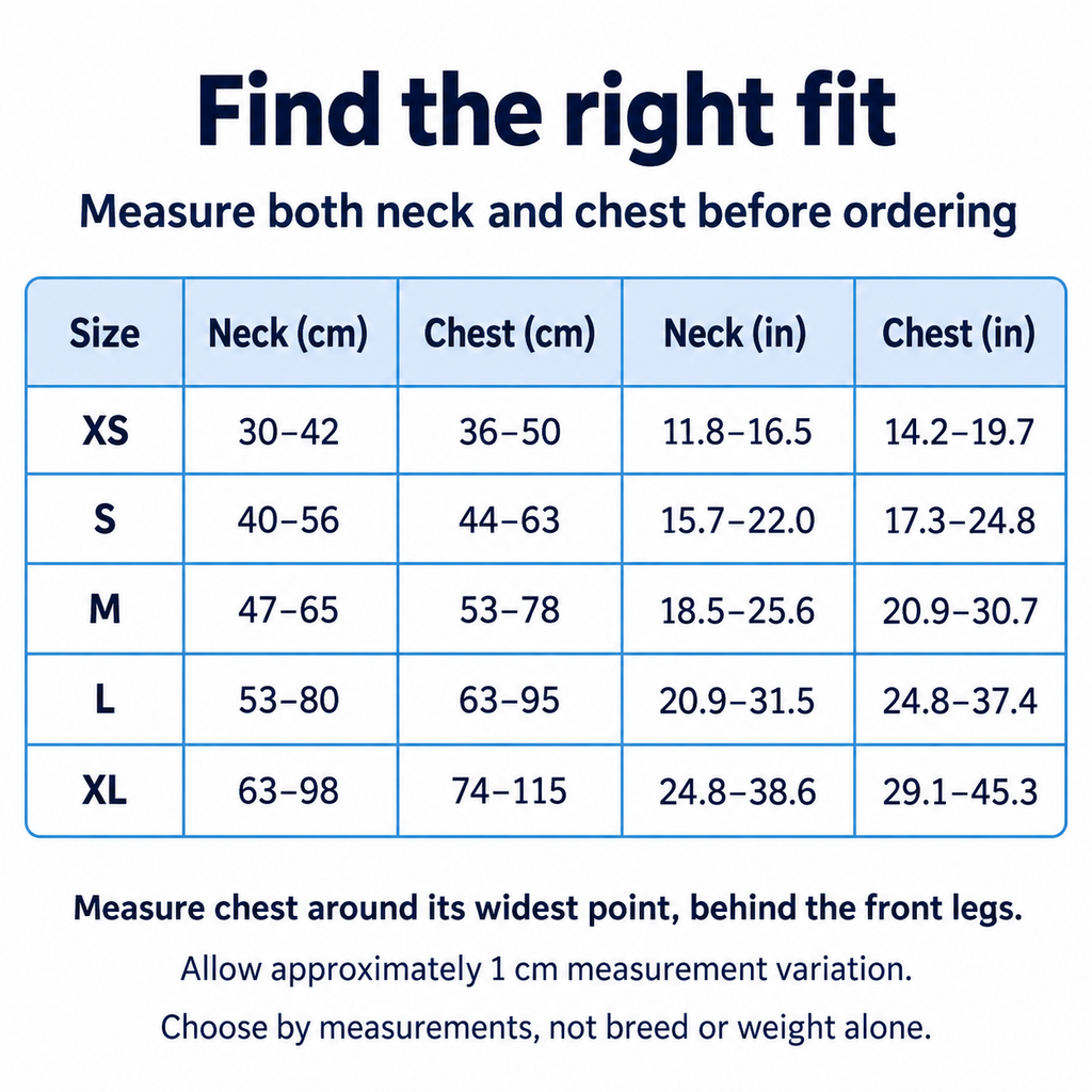 Mesh dog harness neck and chest size guide XS through XL in centimeters and inches [PZ-1058802000153-size-guide]