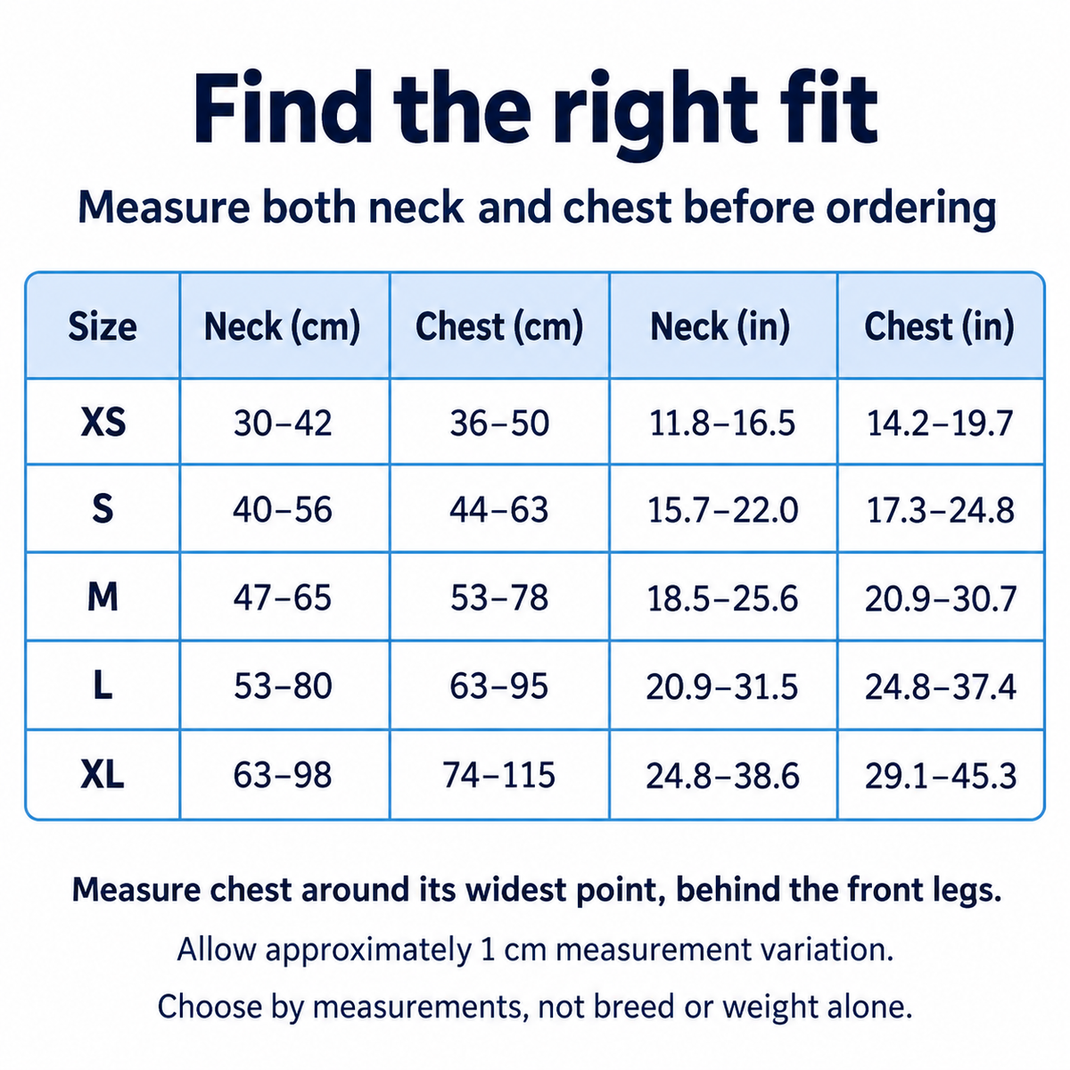 Mesh dog harness neck and chest size guide XS through XL in centimeters and inches [PZ-1058802000153-size-guide]