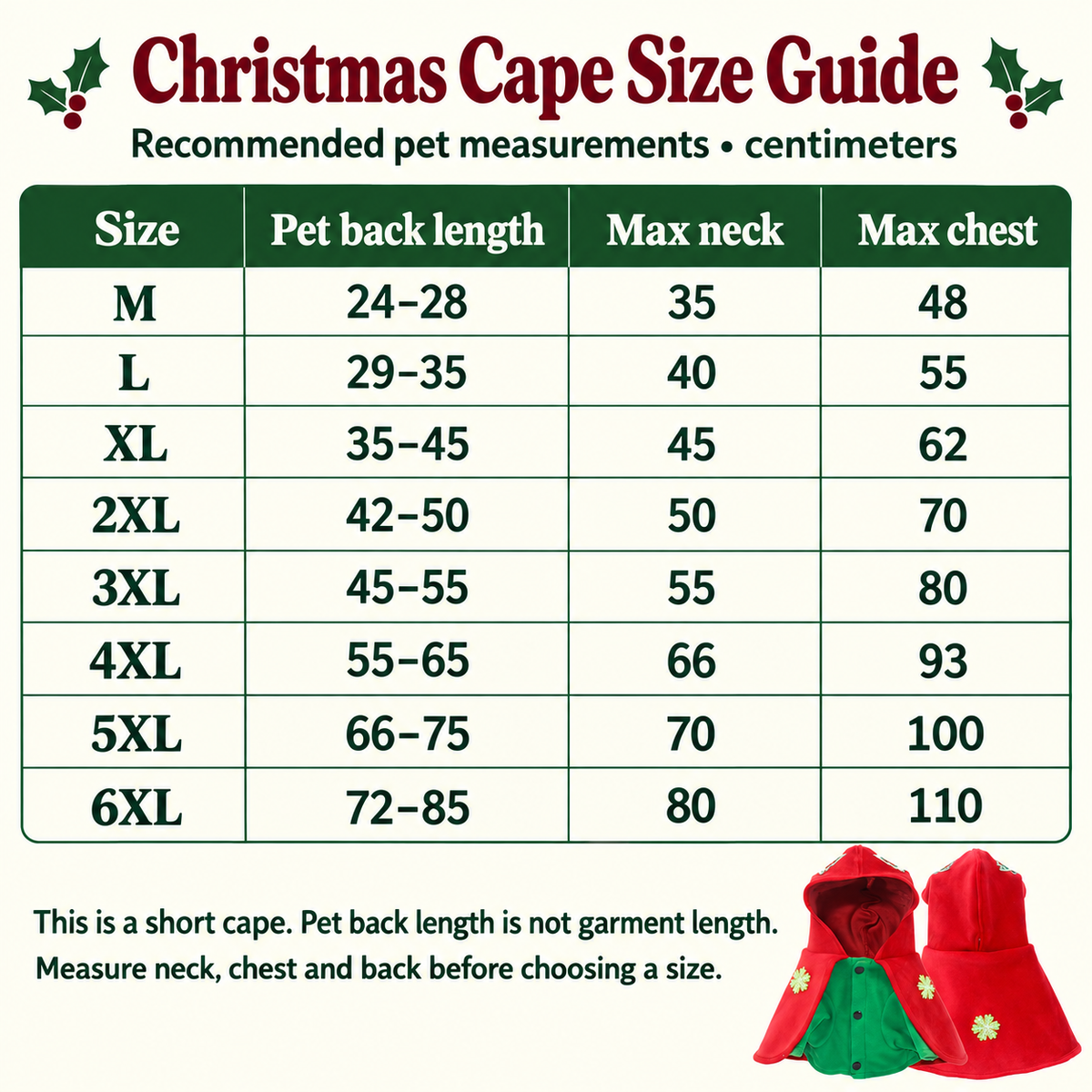M to 6XL recommended pet back neck and chest measurements for the short Christmas cape [PZ-626585123951-size-guide]
