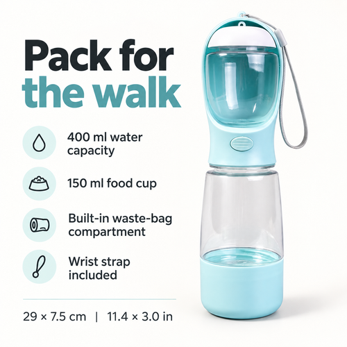 400 ml water capacity, 150 ml food cup, waste-bag compartment and wrist strap; 29 by 7.5 cm [PZ-1043983481215-specs]