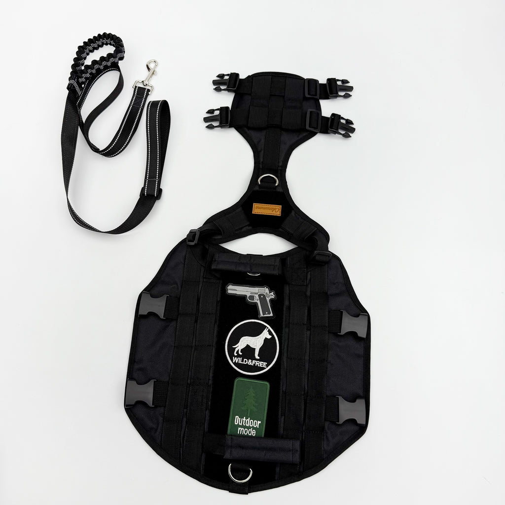 Black tactical dog harness, reflective bungee leash and removable pouches [PZ-1081429020565-black-set]