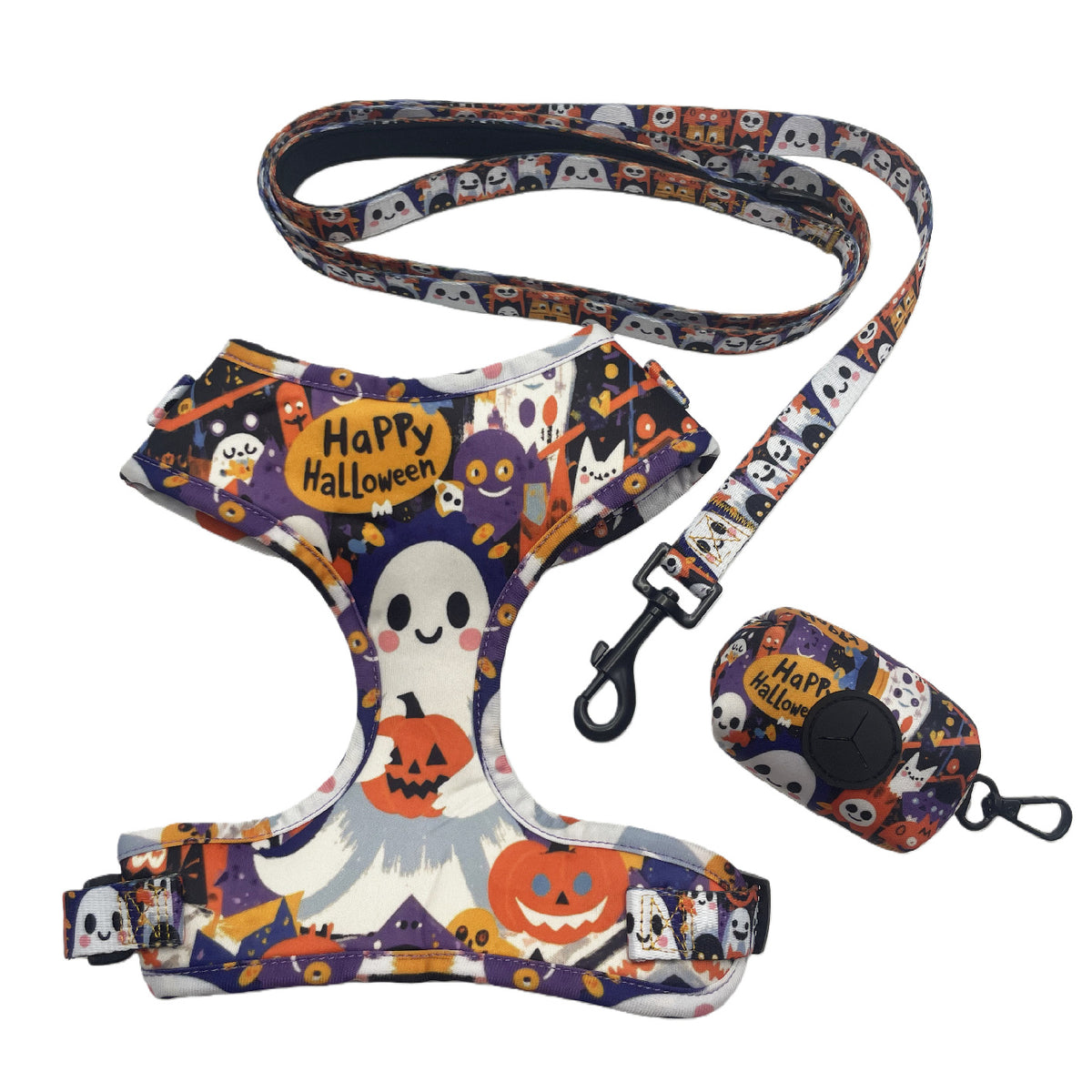 Halloween dog walking three-piece set with vest harness matching leash and waste-bag holder on white [PZ-998206163521-white-set]
